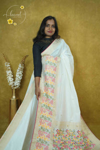 AVD6432 Off-White Pasmina silk saree with solid plain body Meenakari-style pattern.