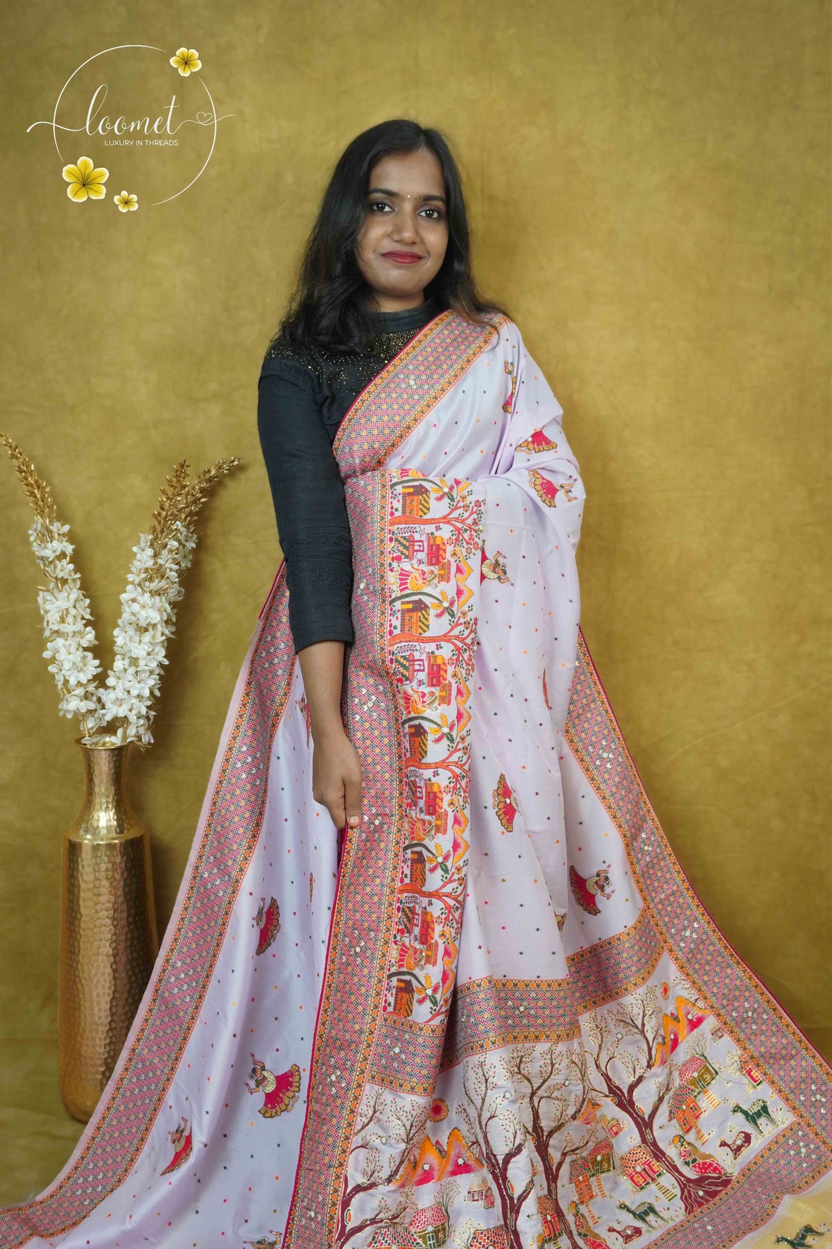 AVD6433 Lavender-Pink Pasmina silk saree with multi-colored buttis & Meenakari-style pattern..