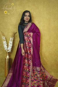 AVD6434 Wine Pasmina silk saree with solid plain body Meenakari-style pattern.