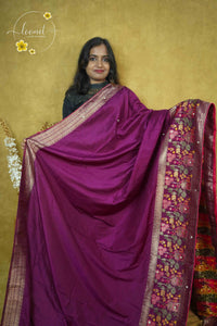 AVD6434 Wine Pasmina silk saree with solid plain body Meenakari-style pattern.