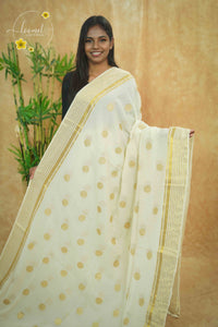 AWB7120 Off-White Mul Cotton saree features large golden zari coin buttas.