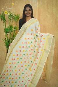 AWB7121 Off-white Mul Cotton saree features Multicolor Polka Dots.