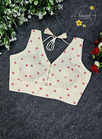 BLB1311 Off-white colour blouse features a delicate red floral buttis pattern.