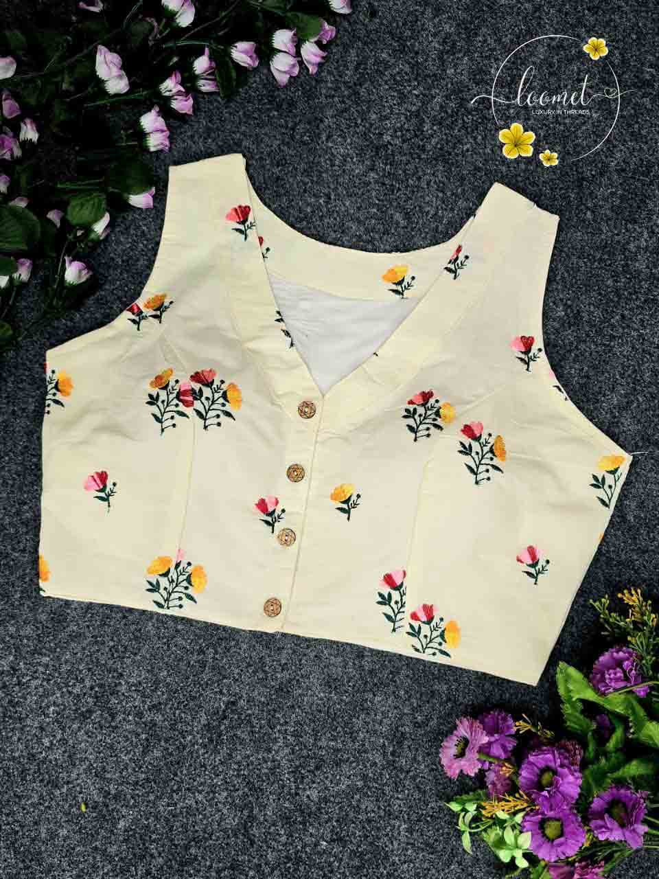 BLB1511 Off-white colour blouse features a delicate multi-color floral embroidery pattern.