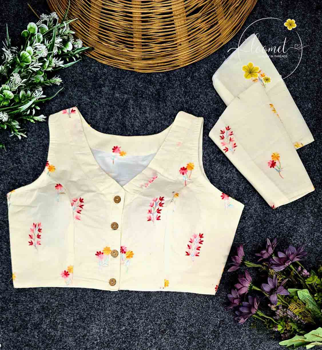 BLB1512 Off-white colour blouse features a delicate multi-color floral embroidery pattern.