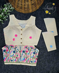 BLB1611 Off-white colour blouse features a delicate floral vine border in pink and blue embroidery pattern.