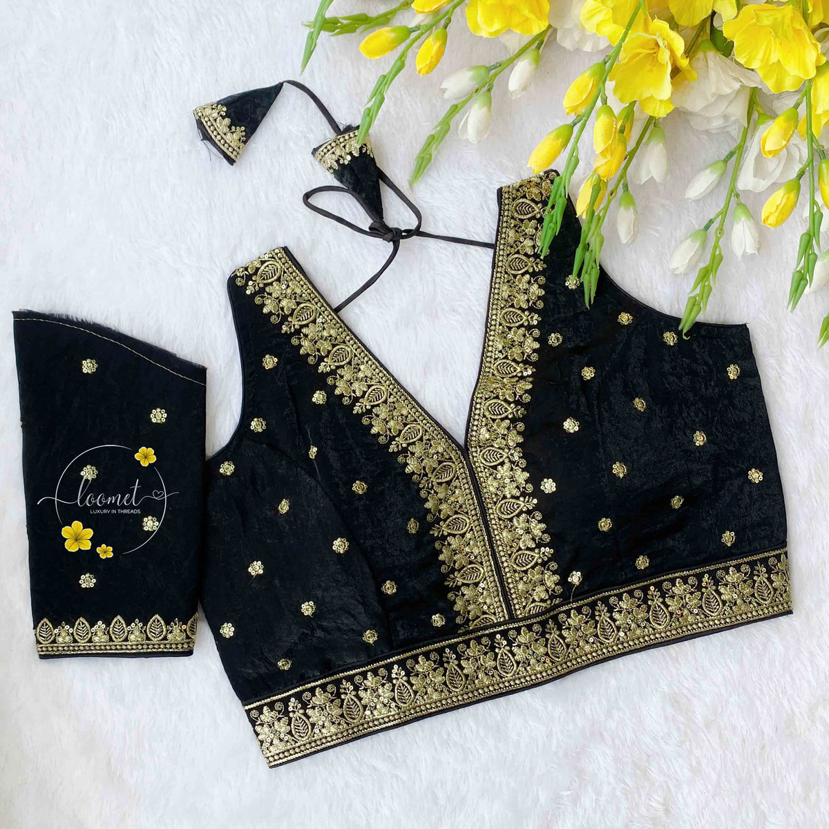 BLB1911 Black fendy silk embroidery blouse.