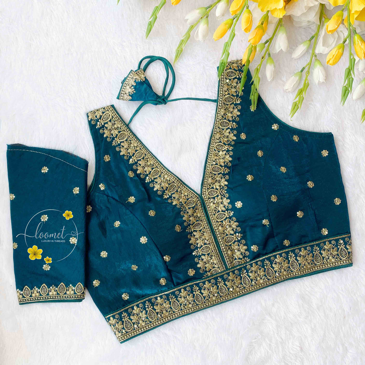 BLB1912 Rama blue fendy silk embroidery blouse.