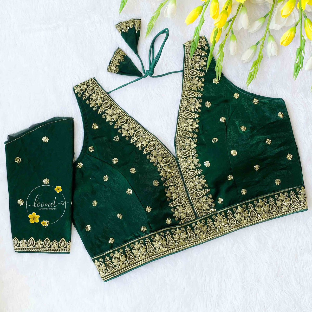 BLB1913 Green fendy silk embroidery blouse.