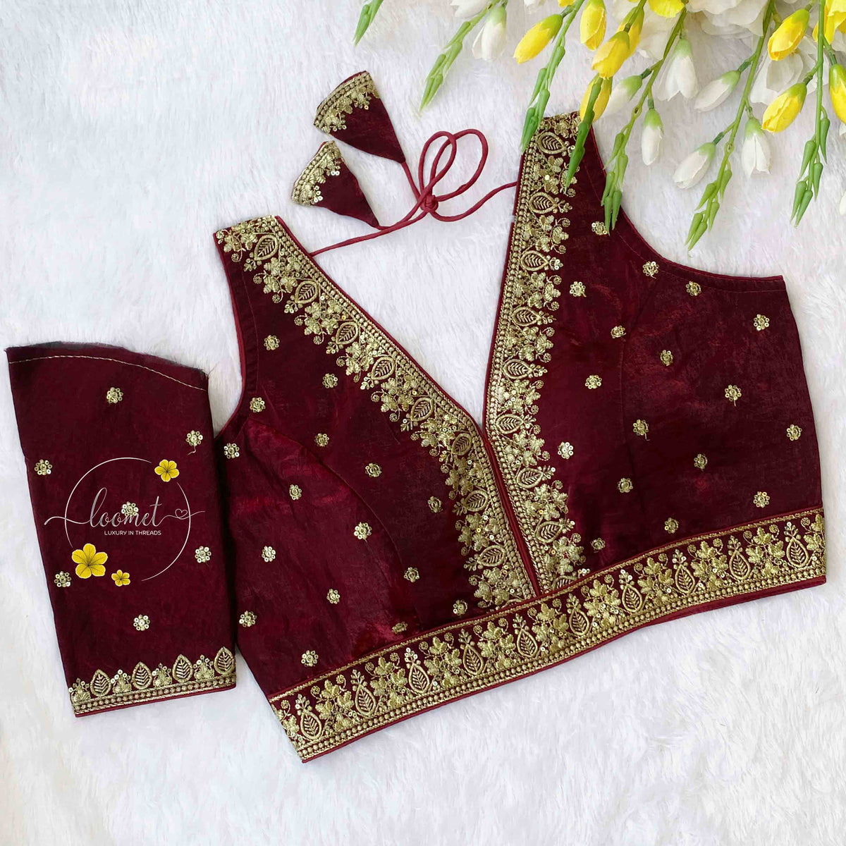 BLB1914 Maroon fendy silk embroidery blouse.
