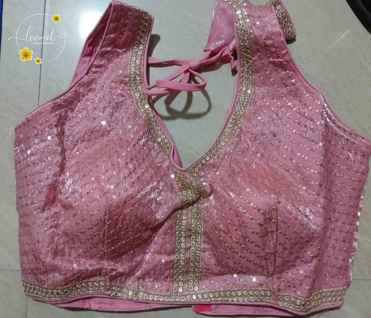 BLB2114 Baby pink & yellow colour fendy silk embroidery blouse.