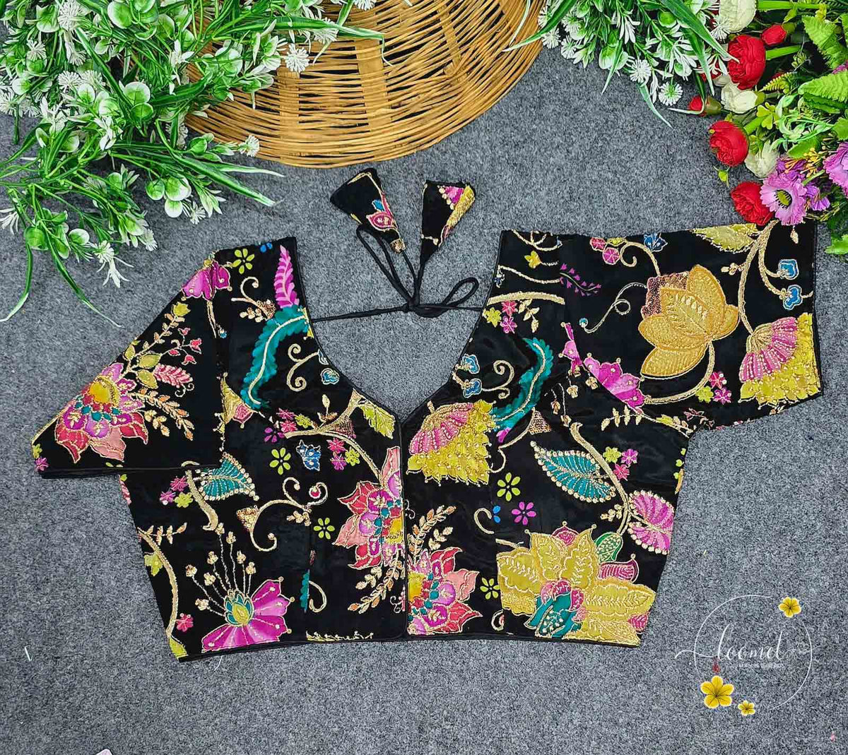 BLB2213 Black crepe viscose position print blouse.