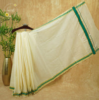 CKS5211 Off-White Cotton saree with emerald green and gold zari border.