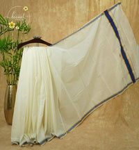 CKS5212 Off-White Cotton saree with royal blue and gold zari border.