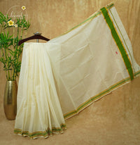 CKS5213 Off-White Cotton saree with Leaf Green and gold zari border.