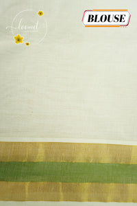 CKS5213 Off-White Cotton saree with Leaf Green and gold zari border.