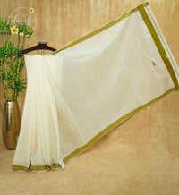 CKS5311 Off-White Cotton saree with olive green border.