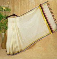 CKS5411 Off-White Cotton saree featuring fine gold stripes with triple-tone border.