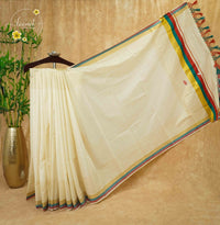 CKS5412 Off-White Cotton saree featuring fine gold stripes with triple-tone border.