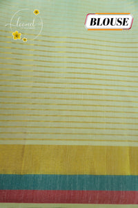CKS5412 Off-White Cotton saree featuring fine gold stripes with triple-tone border.