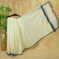 CKS5413 Off-White Cotton saree featuring linear zari stripe pattern with triple-tone border.
