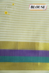 CKS5413 Off-White Cotton saree featuring linear zari stripe pattern with triple-tone border.