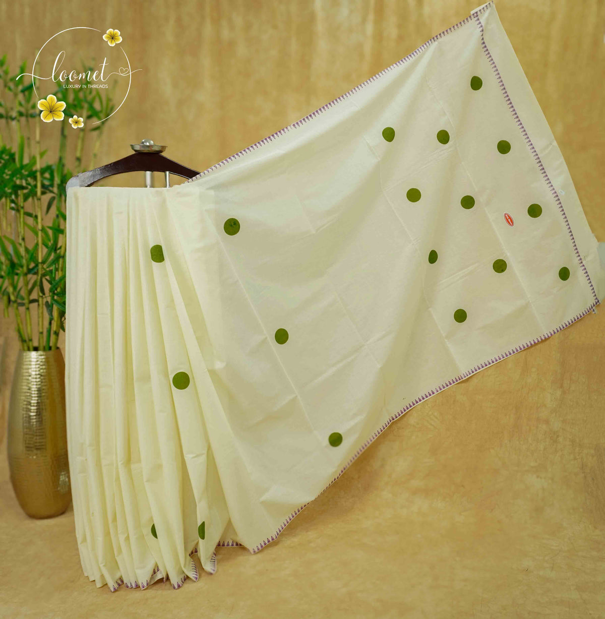 CKS5611 Off-White Cotton saree featuring olive green polka dot with gopuram edge.