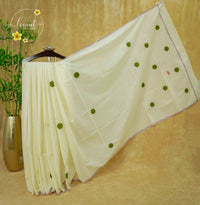 CKS5611 Off-White Cotton saree featuring olive green polka dot with gopuram edge.