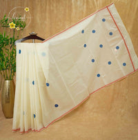 CKS5711 Off-White Cotton saree featuring blue polka dot with gopuram edge.