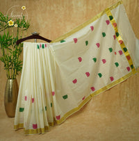 CKS5811 Off-White Cotton saree with multi-colour lotus motifs and gold zari check pattern.