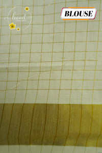 CKS5811 Off-White Cotton saree with multi-colour lotus motifs and gold zari check pattern.