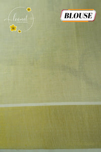 CKS5911 Off-White Tissue Cotton saree featuring Krishna mural prints, golden Kanikkonna blossoms with gold zari border.