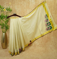 CKS6011 Off-White Tissue Cotton saree featuring mauve calla lily blossoms with gold zari border.