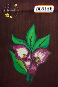 CKS6011 Off-White Tissue Cotton saree featuring mauve calla lily blossoms with gold zari border.