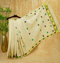 CKS6031 Light Gold Tissue Cotton saree featuring lotus buttas with gold zari temple border.