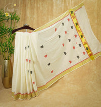 CKS6041 Off-White Cotton saree featuring lotus buttas with gold zari temple border.