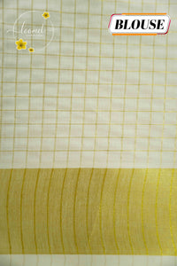 CKS6041 Off-White Cotton saree featuring lotus buttas with gold zari temple border.