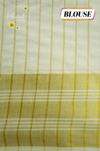 CKS6051 Off-White Cotton saree featuring hibiscus floral prints with gold zari check pattern.