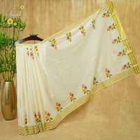 CKS6052 Off-White Cotton saree featuring hand-painted hibiscus floral with linear checked pattern.