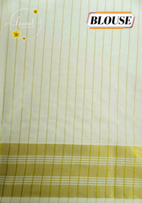 CKS6052 Off-White Cotton saree featuring hand-painted hibiscus floral with linear checked pattern.