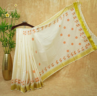 CKS6061 Off-White Cotton saree featuring wildflower prints in an orange with temple-edge gold border.