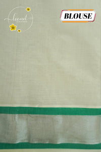 CKS6071 Off-White Cotton saree featuring emerald green and magenta leaf-shaped butta prints with silver zari border.