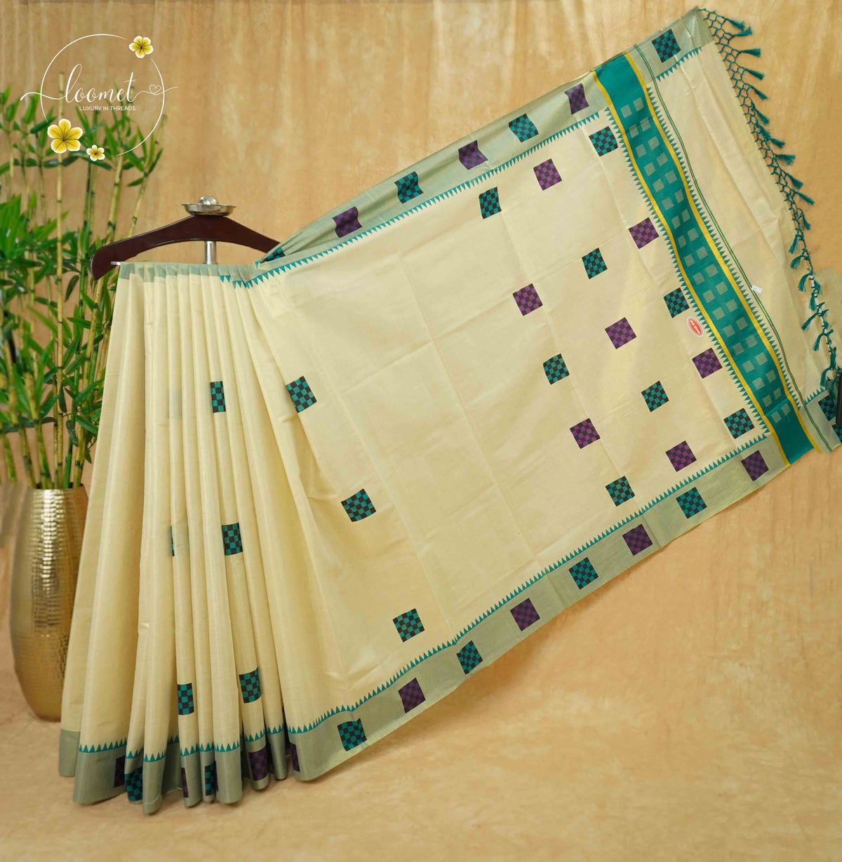 CKS6081 Light Gold Tissue Cotton saree featuring teal and purple checked buttas.