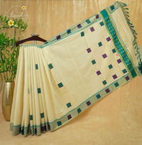 CKS6081 Light Gold Tissue Cotton saree featuring teal and purple checked buttas.