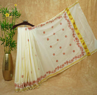 CKS6091 Off-White Cotton saree featuring terracotta floral prints with golden zari border.