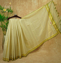 CKS7011 Off-White Tissue Cotton saree featuring intricate micro-checks with mustard-yellow zari border.