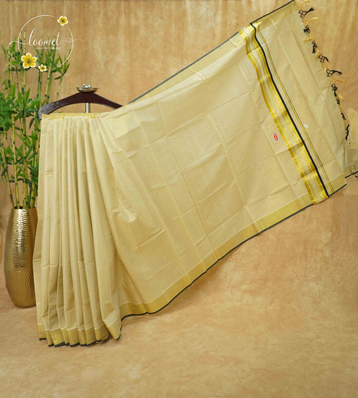 CKS7013 Light Gold Tissue Cotton saree featuring micro-grid pattern.