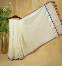 CKS7122 Off-White Cotton saree featuring silver micro-grid pattern.