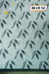 ICS1221 Black & White Linen-Cotton saree featuring floral and vine (bel) print.