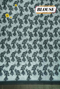 ICS1222 Black & White Linen-Cotton saree featuring kalamkari-inspired floral vine print.